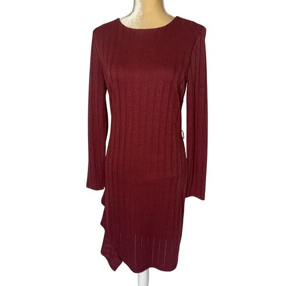 NEW Sam Edelman Amber Red Metallic Ribbed Asymmetrical Ruffle Dress Size 6 - Picture 2 of 14